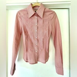 NWT Matthew Stevens tailored collared shirt, pink herringbone, ruffle detail, XS